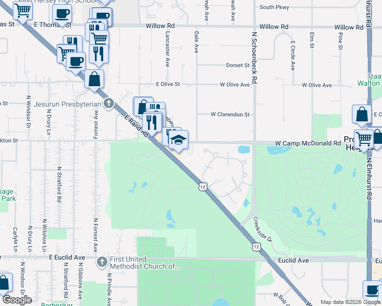map of restaurants, bars, coffee shops, grocery stores, and more near 2430 East Rand Road in Mount Prospect