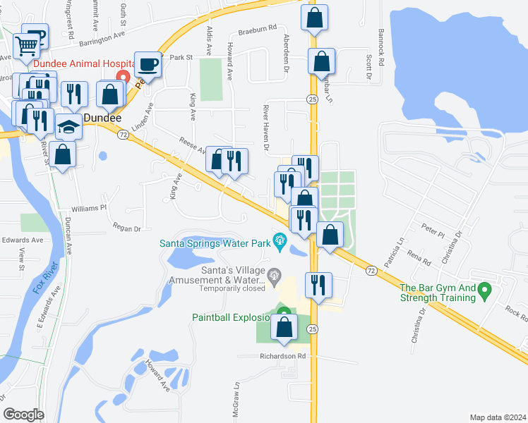 map of restaurants, bars, coffee shops, grocery stores, and more near 737 Timothy Court in East Dundee