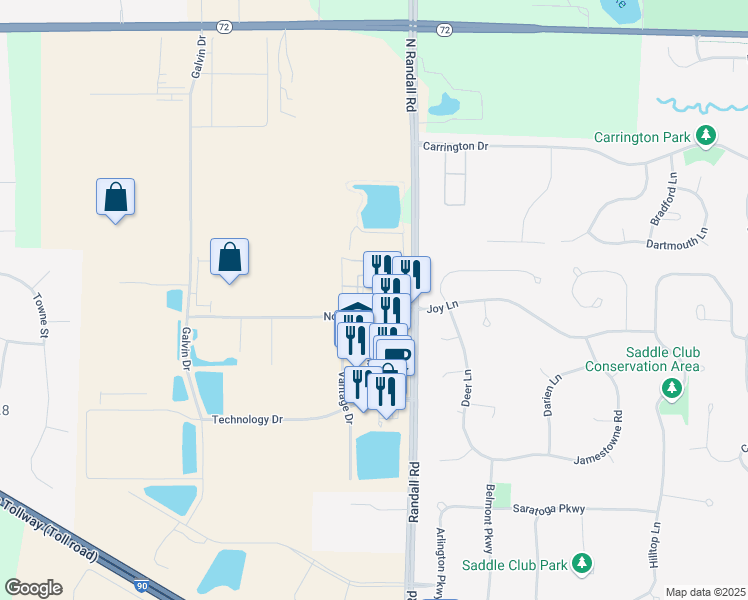 map of restaurants, bars, coffee shops, grocery stores, and more near 2500 North Randall Road in Elgin