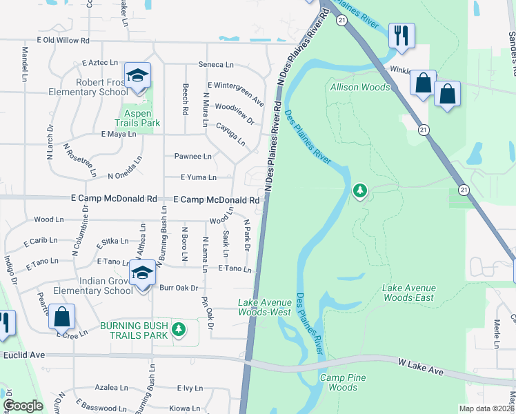 map of restaurants, bars, coffee shops, grocery stores, and more near 1450 North River Road in Mount Prospect