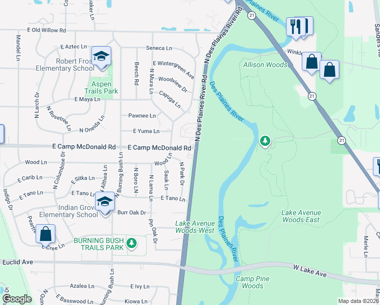 map of restaurants, bars, coffee shops, grocery stores, and more near 1450 North River Road in Mount Prospect