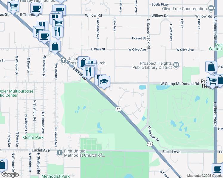 map of restaurants, bars, coffee shops, grocery stores, and more near 1522 Stonegate Manor in Mount Prospect