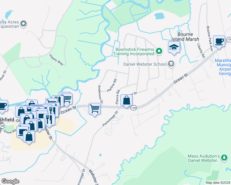 map of restaurants, bars, coffee shops, grocery stores, and more near 7 Pierce Road in Marshfield