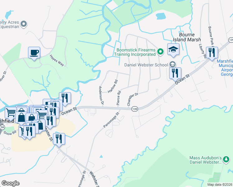 map of restaurants, bars, coffee shops, grocery stores, and more near 7 Pierce Road in Marshfield
