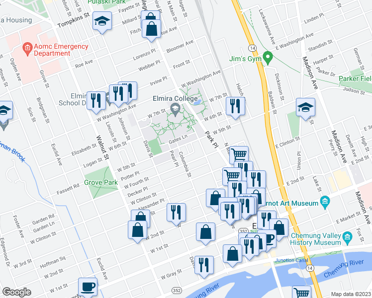 map of restaurants, bars, coffee shops, grocery stores, and more near 1 Gates Place in Elmira
