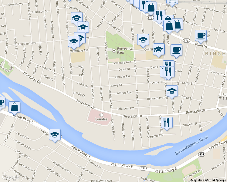 map of restaurants, bars, coffee shops, grocery stores, and more near 74 Lathrop Avenue in Binghamton