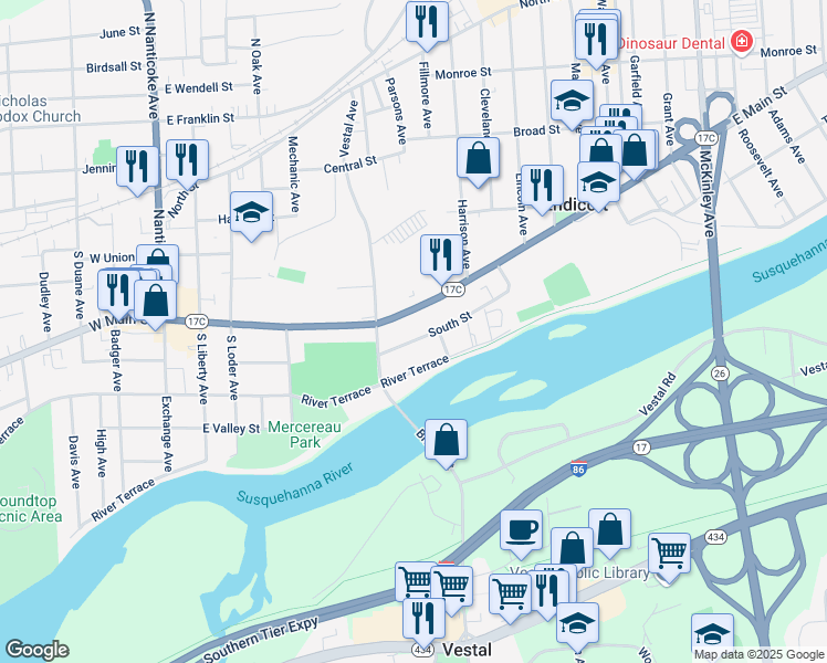 map of restaurants, bars, coffee shops, grocery stores, and more near 509 South Street in Endicott