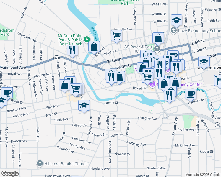 map of restaurants, bars, coffee shops, grocery stores, and more near 553 West 3rd Street in Jamestown