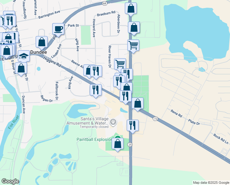 map of restaurants, bars, coffee shops, grocery stores, and more near 581 Dundee Avenue in East Dundee