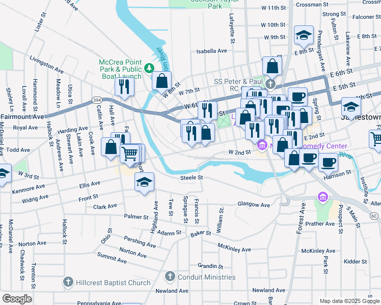 map of restaurants, bars, coffee shops, grocery stores, and more near 553 West 3rd Street in Jamestown