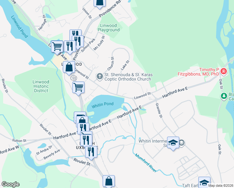 map of restaurants, bars, coffee shops, grocery stores, and more near 1 Lake Street in Uxbridge