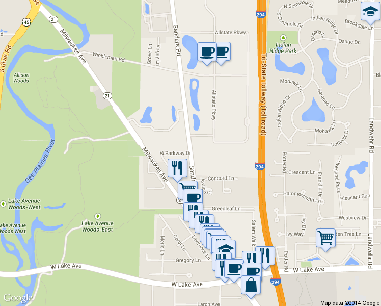 map of restaurants, bars, coffee shops, grocery stores, and more near Sanders Road & North Parkway Drive in Northbrook