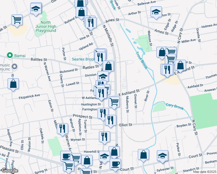 map of restaurants, bars, coffee shops, grocery stores, and more near 437 North Main Street in Brockton