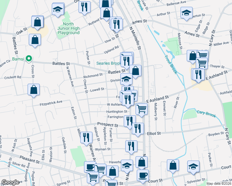 map of restaurants, bars, coffee shops, grocery stores, and more near 57 Ford Street in Brockton