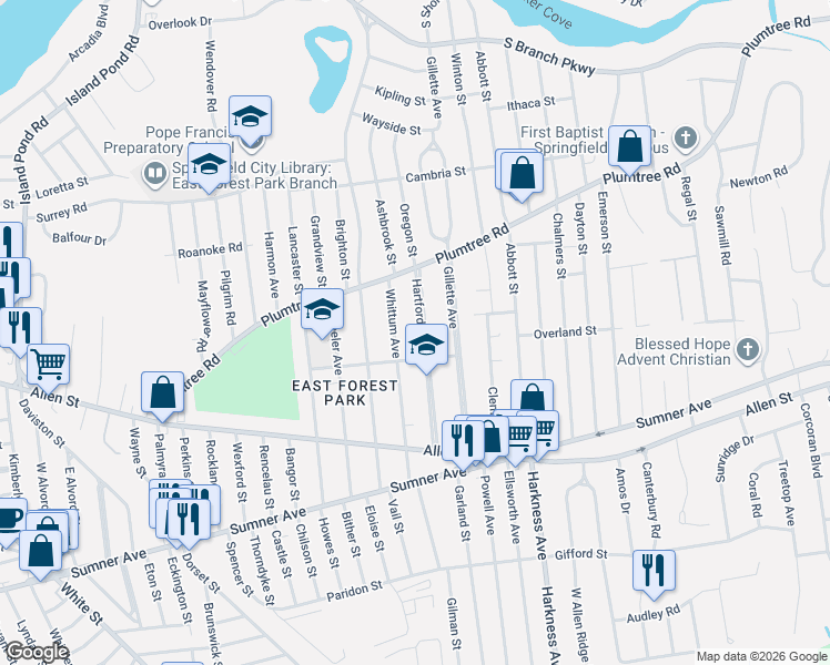 map of restaurants, bars, coffee shops, grocery stores, and more near 112 Hartford Terrace in Springfield