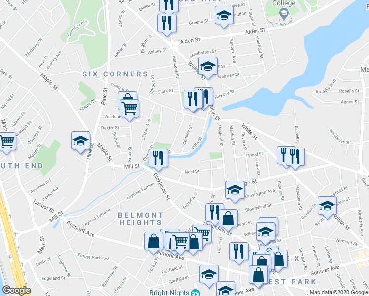 map of restaurants, bars, coffee shops, grocery stores, and more near 50 Rifle Street in Springfield