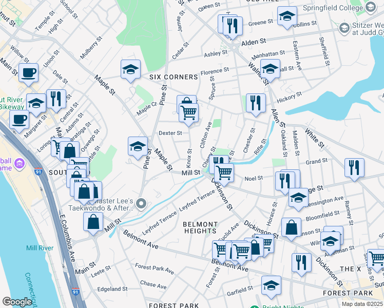 map of restaurants, bars, coffee shops, grocery stores, and more near 124 Clifton Avenue in Springfield