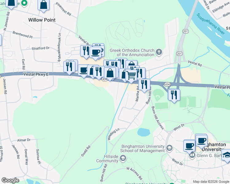 map of restaurants, bars, coffee shops, grocery stores, and more near 132 Annetta St in Vestal