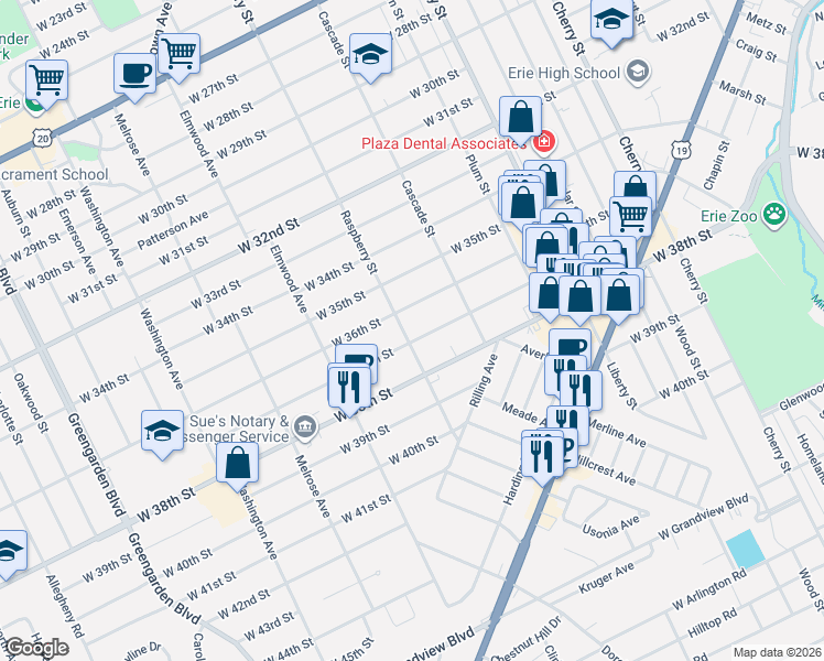 map of restaurants, bars, coffee shops, grocery stores, and more near 1106 W 37th St in Erie