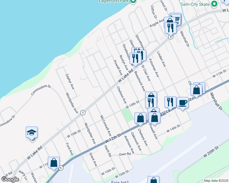 map of restaurants, bars, coffee shops, grocery stores, and more near 819 Oakmont Avenue in Erie