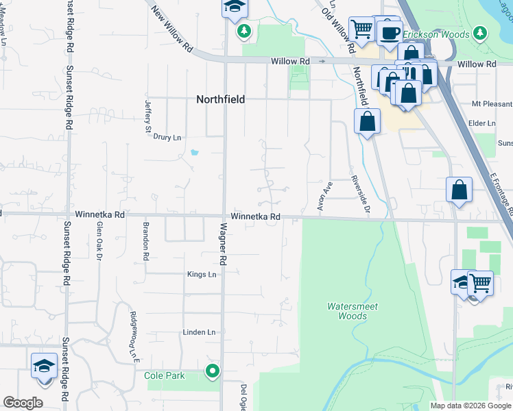 map of restaurants, bars, coffee shops, grocery stores, and more near 118 Dickens Road in Northfield