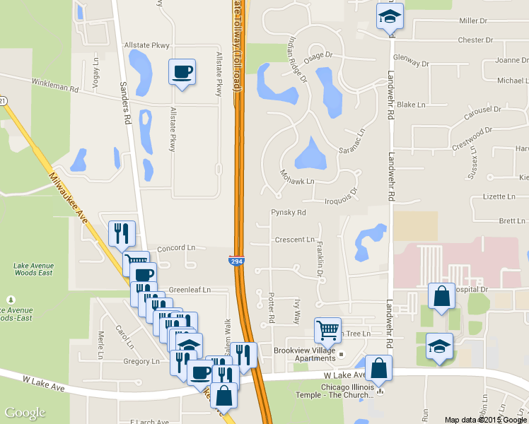 map of restaurants, bars, coffee shops, grocery stores, and more near 4404 Pynsky Road in Glenview