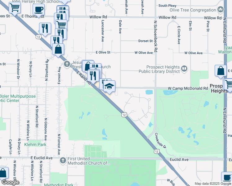 map of restaurants, bars, coffee shops, grocery stores, and more near 2430 East Rand Road in Mount Prospect