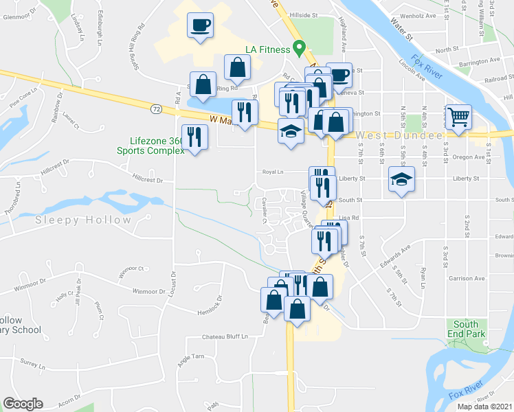 map of restaurants, bars, coffee shops, grocery stores, and more near 428 Cavalier Court in West Dundee