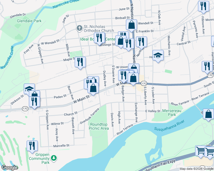 map of restaurants, bars, coffee shops, grocery stores, and more near 309 West Main Street in Endicott
