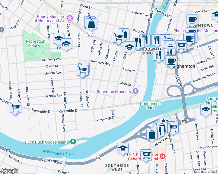 map of restaurants, bars, coffee shops, grocery stores, and more near 64 Murray Street in Binghamton