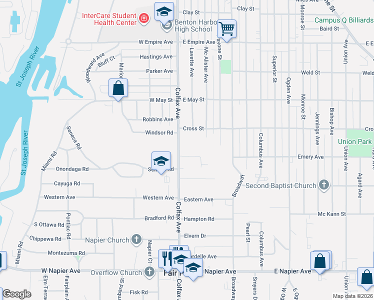 map of restaurants, bars, coffee shops, grocery stores, and more near 1309 Colfax Avenue in Benton Harbor