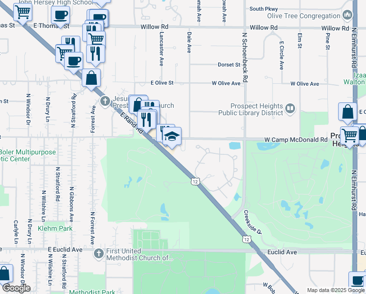 map of restaurants, bars, coffee shops, grocery stores, and more near 2430 East Rand Road in Mount Prospect
