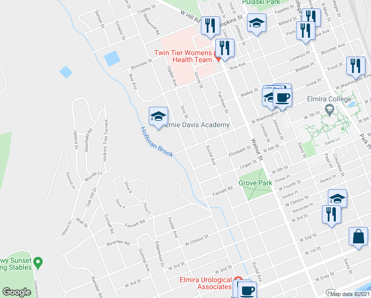 map of restaurants, bars, coffee shops, grocery stores, and more near Hoffman Street in Elmira