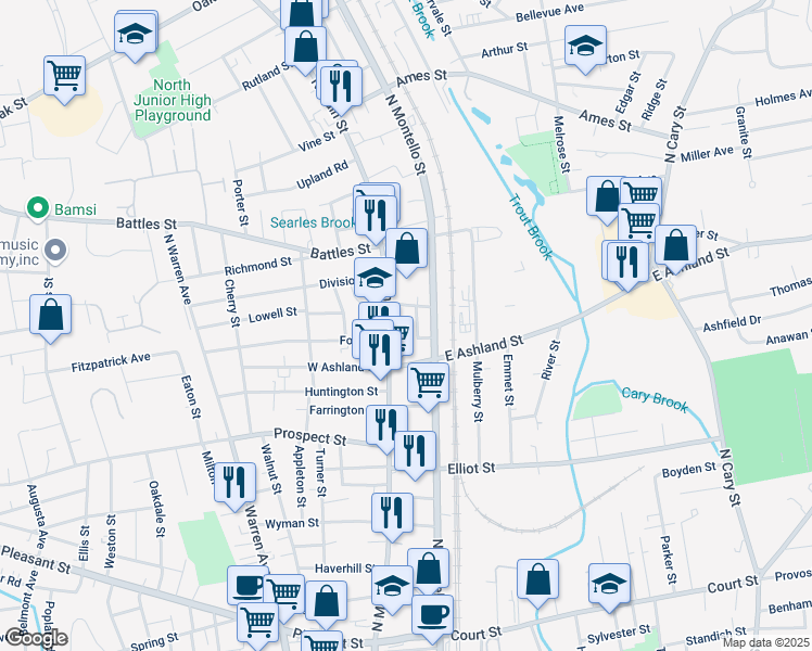 map of restaurants, bars, coffee shops, grocery stores, and more near 437 North Main Street in Brockton