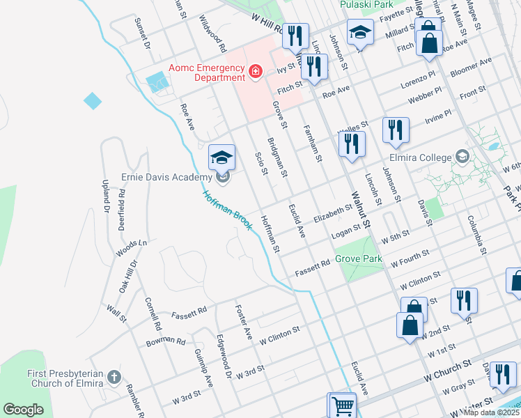 map of restaurants, bars, coffee shops, grocery stores, and more near Hoffman Street in Elmira