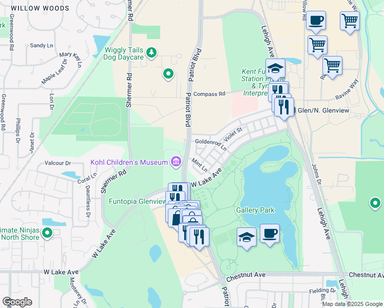 map of restaurants, bars, coffee shops, grocery stores, and more near 2209 Patriot Boulevard in Glenview