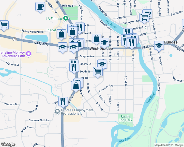 map of restaurants, bars, coffee shops, grocery stores, and more near 520 Lisa Road in West Dundee