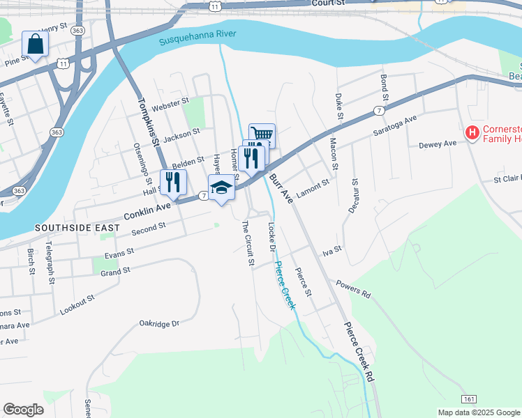 map of restaurants, bars, coffee shops, grocery stores, and more near 21 The Arena Street in Binghamton