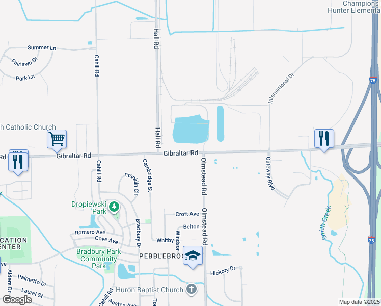 map of restaurants, bars, coffee shops, grocery stores, and more near 23130 Gibraltar Road in Flat Rock