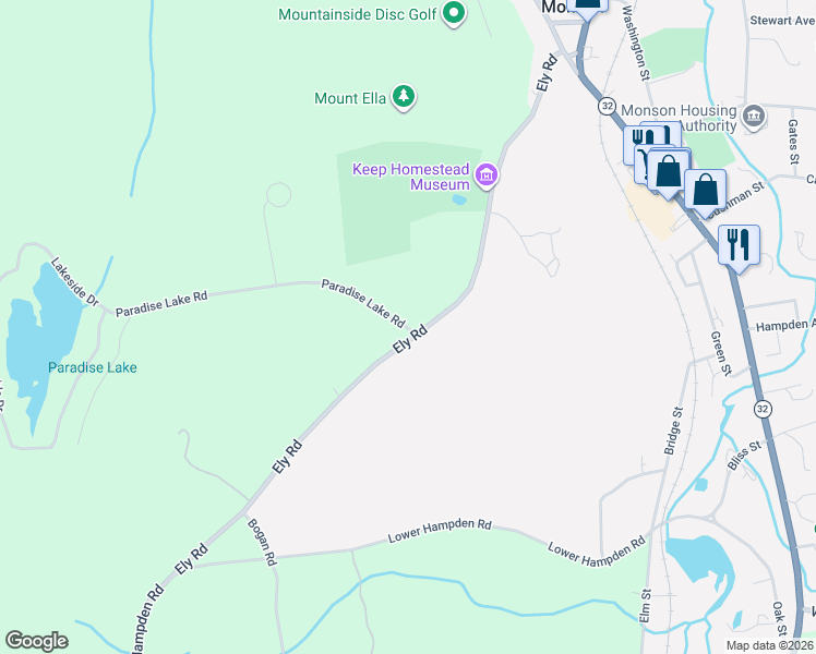 map of restaurants, bars, coffee shops, grocery stores, and more near 0 Paradise Lake Road in Monson