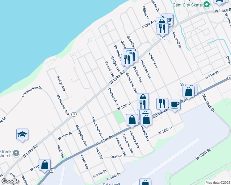 map of restaurants, bars, coffee shops, grocery stores, and more near in Erie