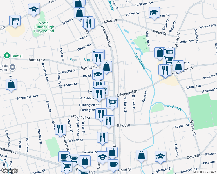 map of restaurants, bars, coffee shops, grocery stores, and more near 16 Baxendale Avenue in Brockton