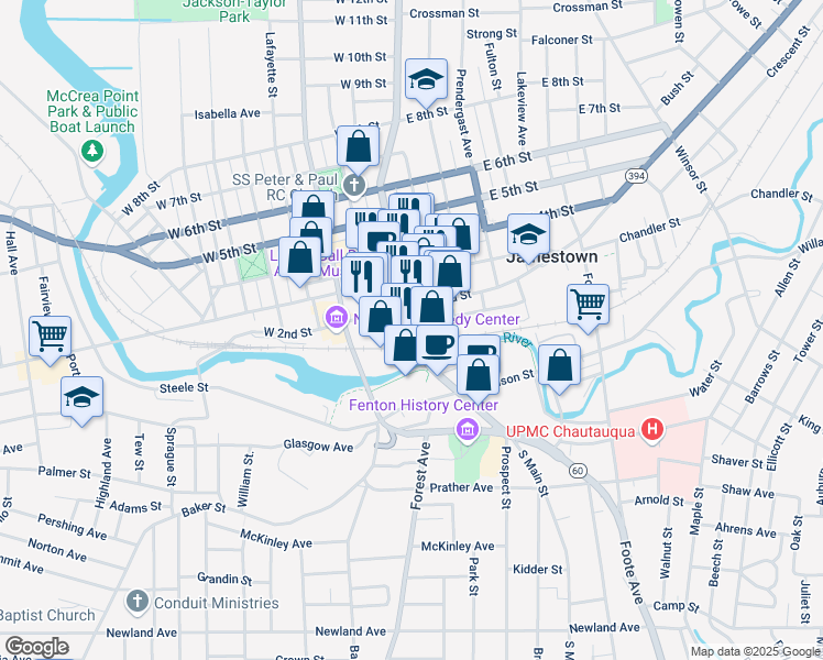 map of restaurants, bars, coffee shops, grocery stores, and more near 68 North Main Street in Jamestown