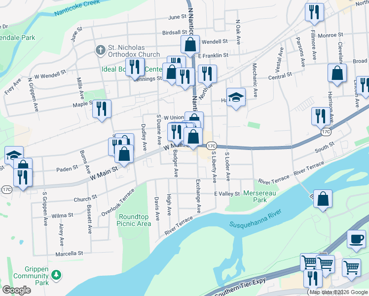 map of restaurants, bars, coffee shops, grocery stores, and more near 124 West Main Street in Endicott