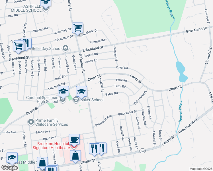 map of restaurants, bars, coffee shops, grocery stores, and more near 19 Temi Road in Brockton