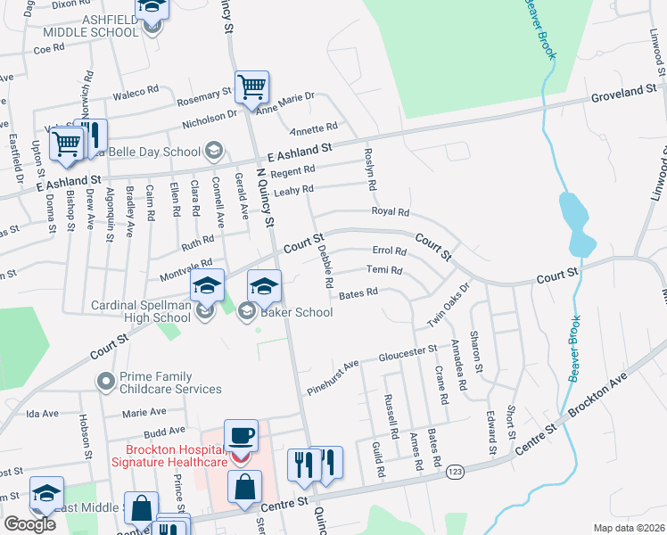 map of restaurants, bars, coffee shops, grocery stores, and more near 43 Debbie Road in Brockton