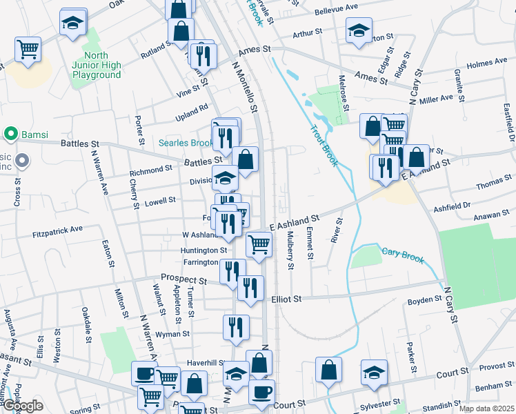 map of restaurants, bars, coffee shops, grocery stores, and more near 423 North Montello Street in Brockton