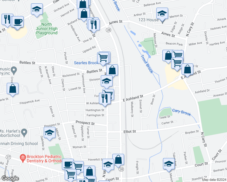 map of restaurants, bars, coffee shops, grocery stores, and more near 437 North Main Street in Brockton