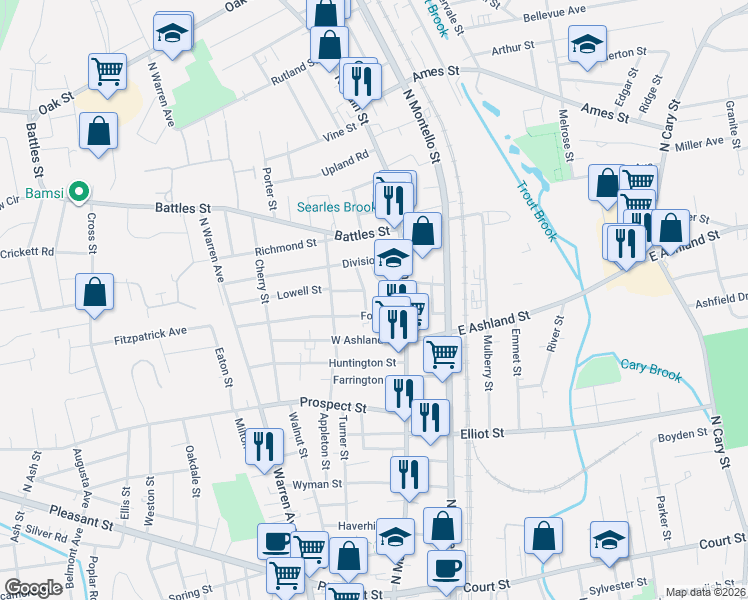 map of restaurants, bars, coffee shops, grocery stores, and more near 20 Ford Street in Brockton