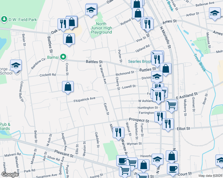 map of restaurants, bars, coffee shops, grocery stores, and more near 433 North Warren Avenue in Brockton